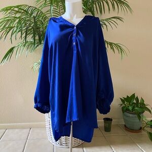 Blue satin buttoned long sleeve blouse